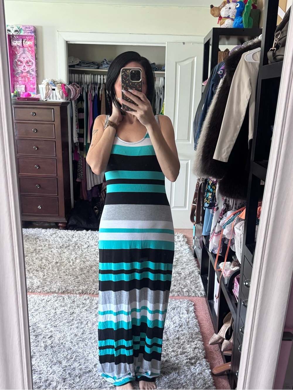 Striped Sleeveless Maxi Dress in Teal, Black & White